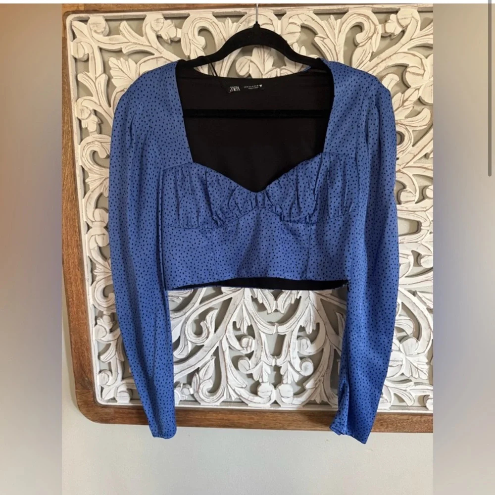 BLOGGERS FAVORITE Zara Blue Square Neck Long Sleeve Top ✨ Chic Fitted Cropped